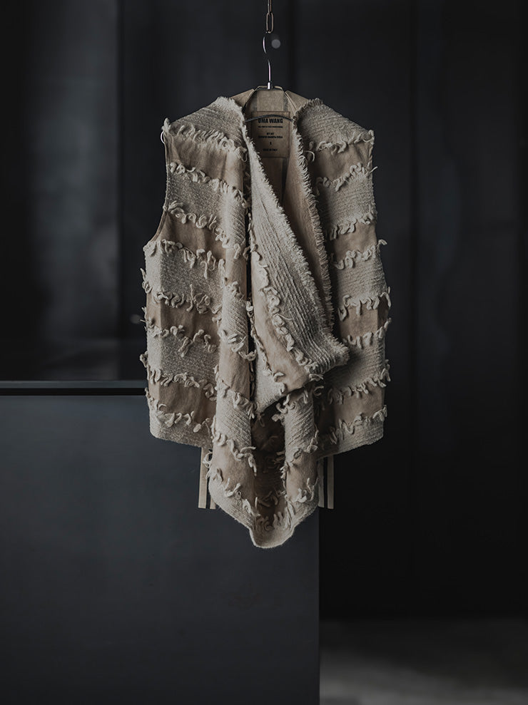 UMA WANG<br> WOMENS FRINGE DRAPE TOPS / TAN×BLACK