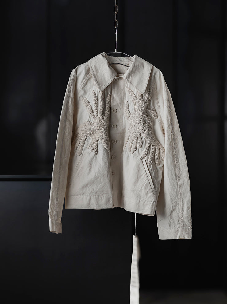 KINYAN LAM<br>Unisex Hand Embroidery Raglan Sleeve Jacket / Raw White
