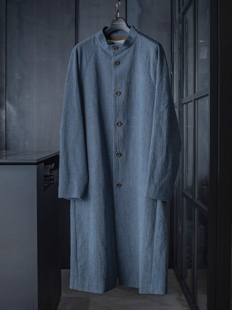 individual sentiments<br> UNISEX MAO COLLAR DUSTER COAT / indigo yellow