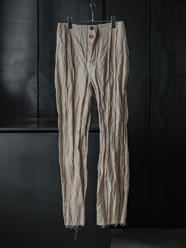 CHIAHUNG SU<br>SLIM-FIT HAND WOVEN PLEATED TROUSERS / ECRU