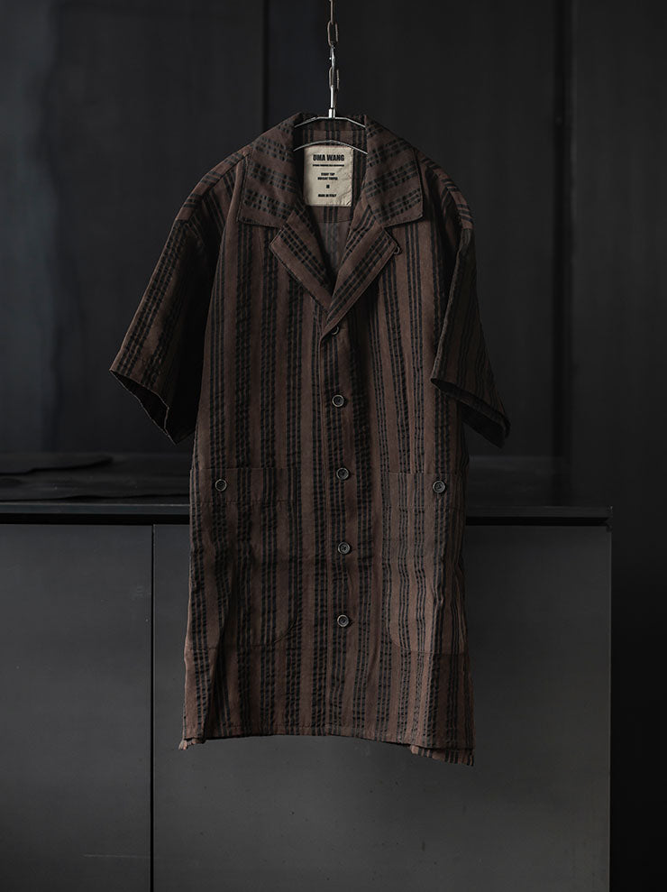 UMA WANG<br> MENS striped half sleeve shirt / BROWN × BLACK