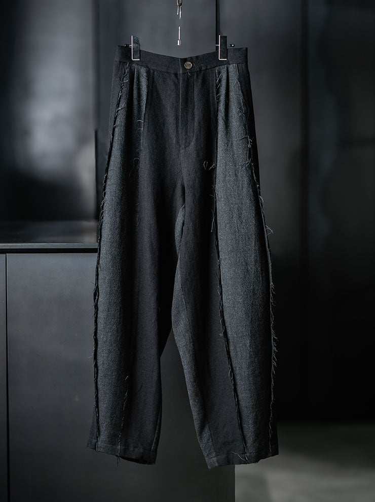 CHIAHUNG SU<br>WOMENS HAND WOVEN & DYED RAWING PATCHED TROUSER / BLACK & GREY