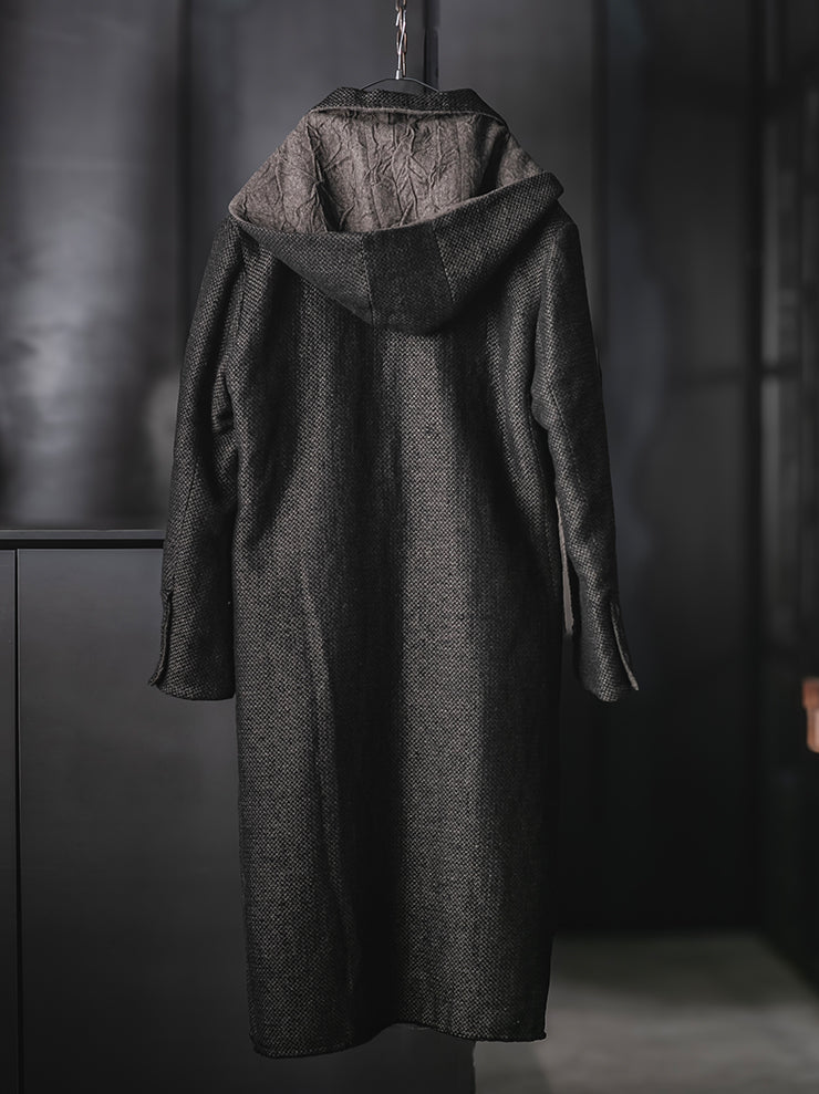 K'ANG<br>UNISEX OVERSIZE DETACHBLE HOOD REVERSIBLE COAT / OFF BLACK + BROWN