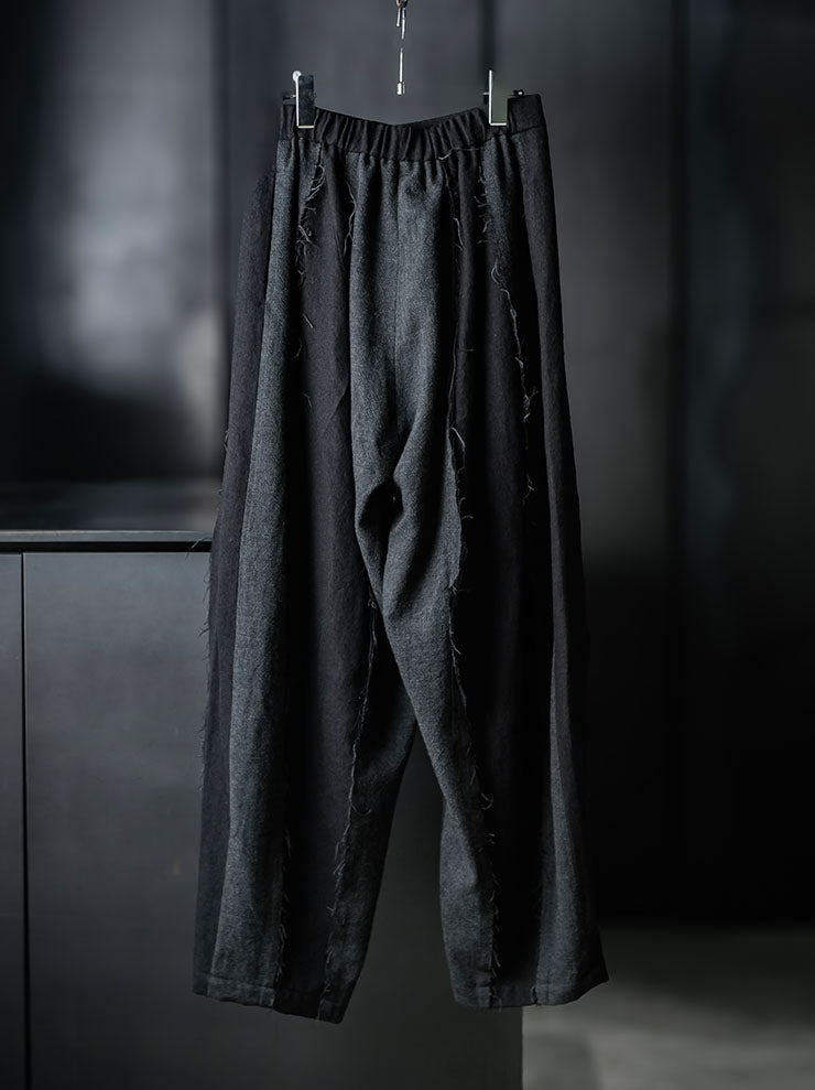 CHIAHUNG SU<br>WOMENS HAND WOVEN & DYED RAWING PATCHED TROUSER / BLACK & GREY