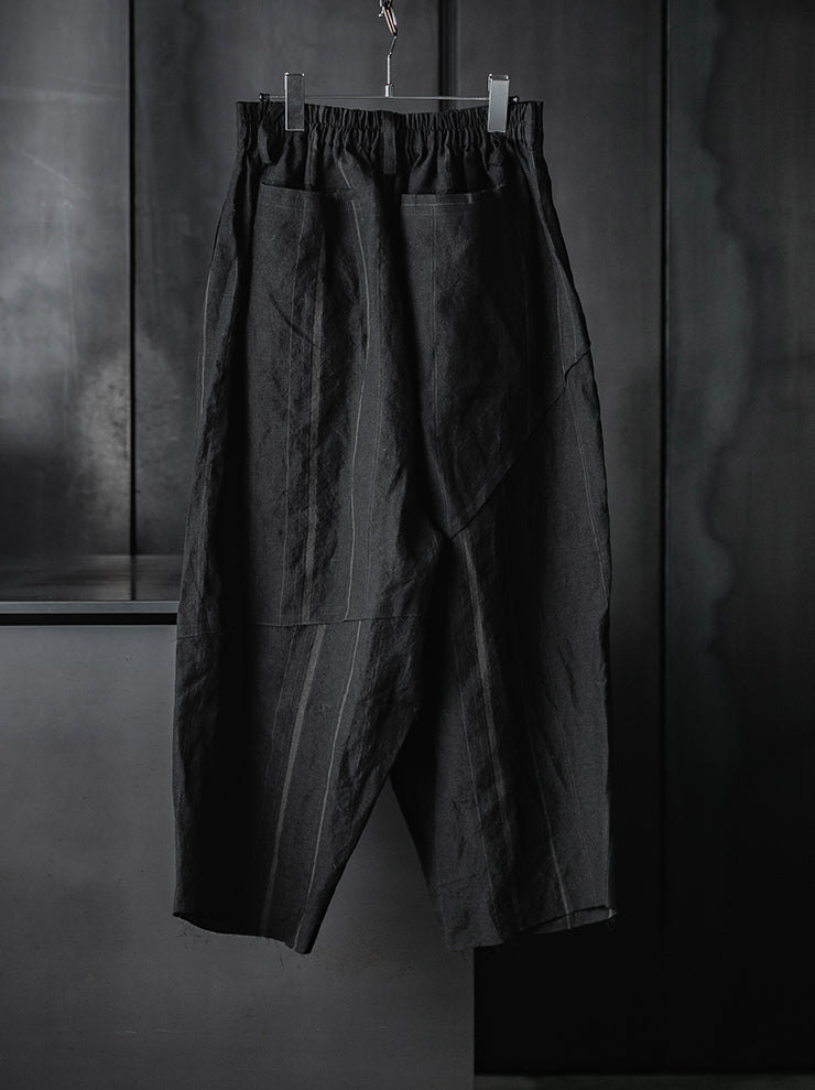 CHIAHUNG SU<br>HAND WOVEN STRIPE LOW CROTCH PATCHED WIDE TROUSER / BLACK STRIPE