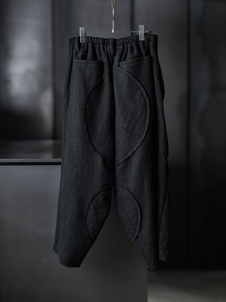 CHIAHUNG SU<br>MENS HAND WOVEN LOW CROTCH THICK WOOL TROUSER / BLACK STRIPE
