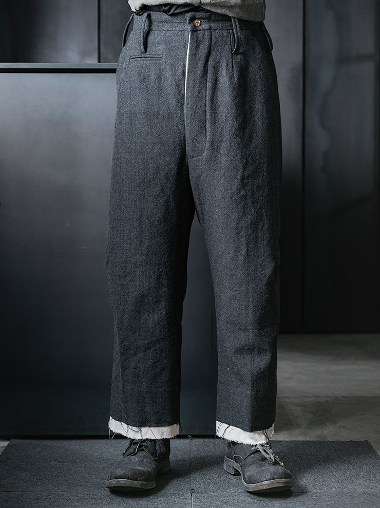CHIAHUNG SU<br>MENS HAND WOVEN & WIDE STRAPPING TROUSER WITH LINING / GREY
