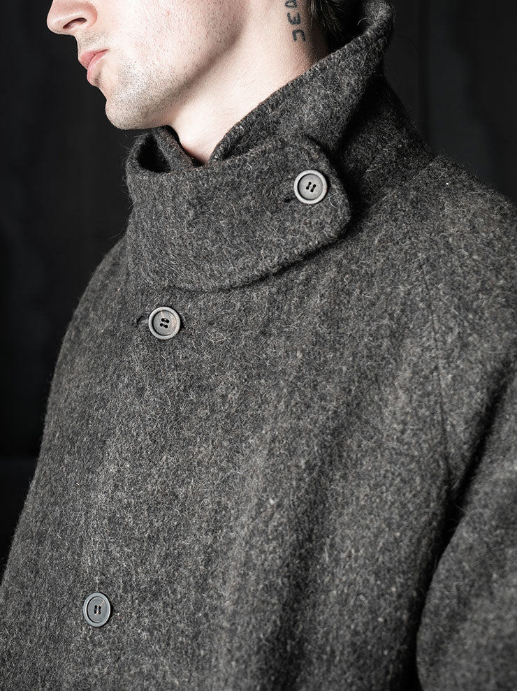 toward(s)<br />MERINO & YAK WOOL BLEND HIGH NECK OVERCOAT / DARK GREY