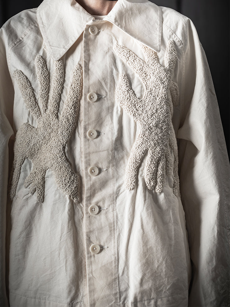 KINYAN LAM<br>Unisex Hand Embroidery Raglan Sleeve Jacket / Raw White