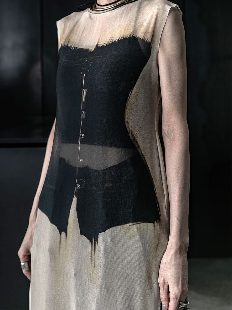 IA LONDON<br> WOMENS SHEER SLEEVELESS MIDI DRESS W. SIDE SPLITS / BLACK CORSET PRINT