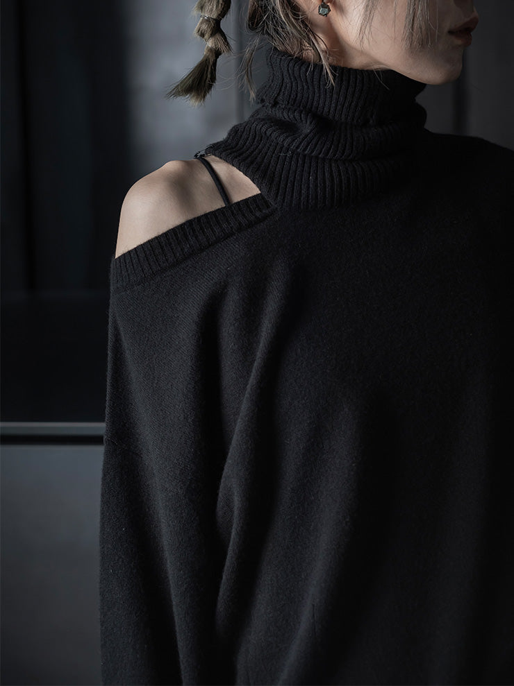 UMA WANG<br>WOMENS CASHMERE HIGH NECK TOP / BLACK