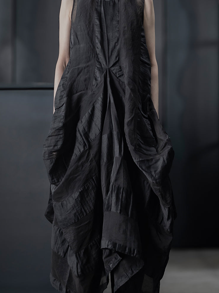 UMA WANG<br> WOMENS STRIPED ORGANDY DRESS / BLACK