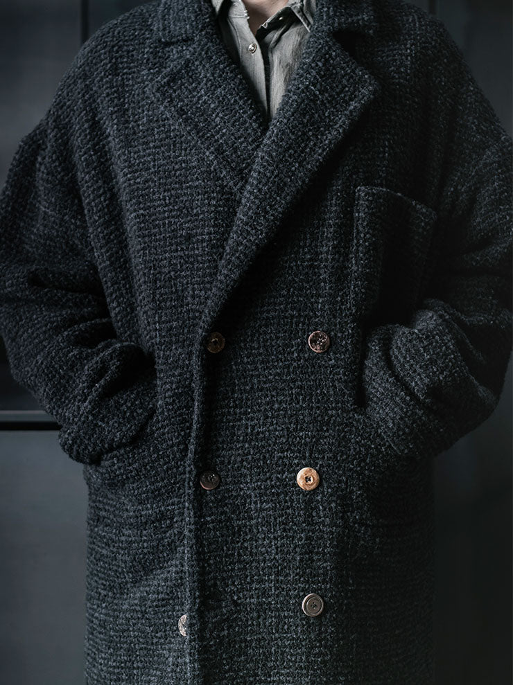 CHIAHUNG SU<br>MENS HAND WOVEN DOUBLE BREAST WOOLEN COAT / DARK GREY & BLACK