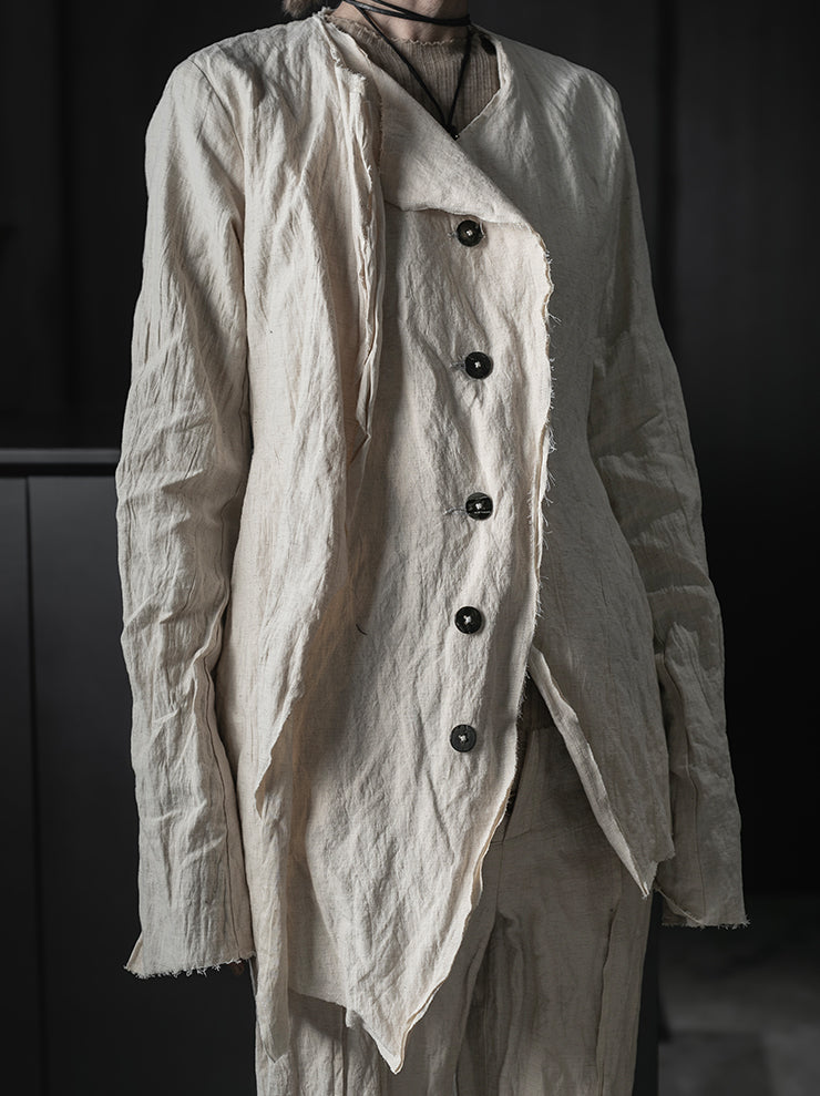 CHIAHUNG SU<br>HAND-DYED & WOVEN LAYERING RAW EDGE BLAZER / ECRU