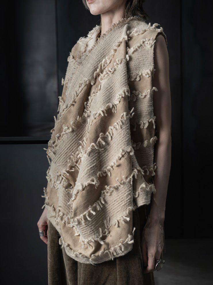 UMA WANG<br> WOMENS FRINGE DRAPE TOPS / TAN×BLACK