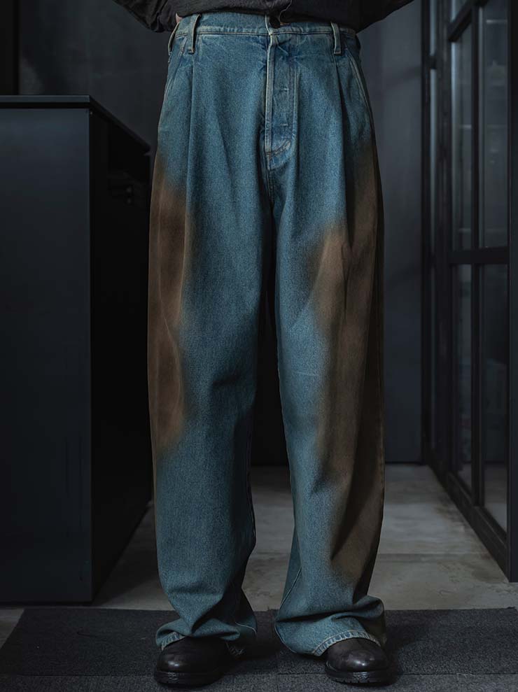 UMA WANG<br> MENS DENIM TACK WIDE TROUSERS / BLUE×BROWN