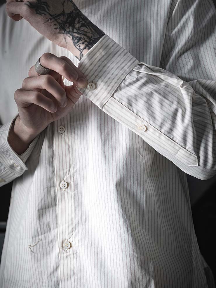 WRIGHT + DOYLE<br>UNISEX ROWDEN SHIRT / CHALK BRICK PINSTRIPE