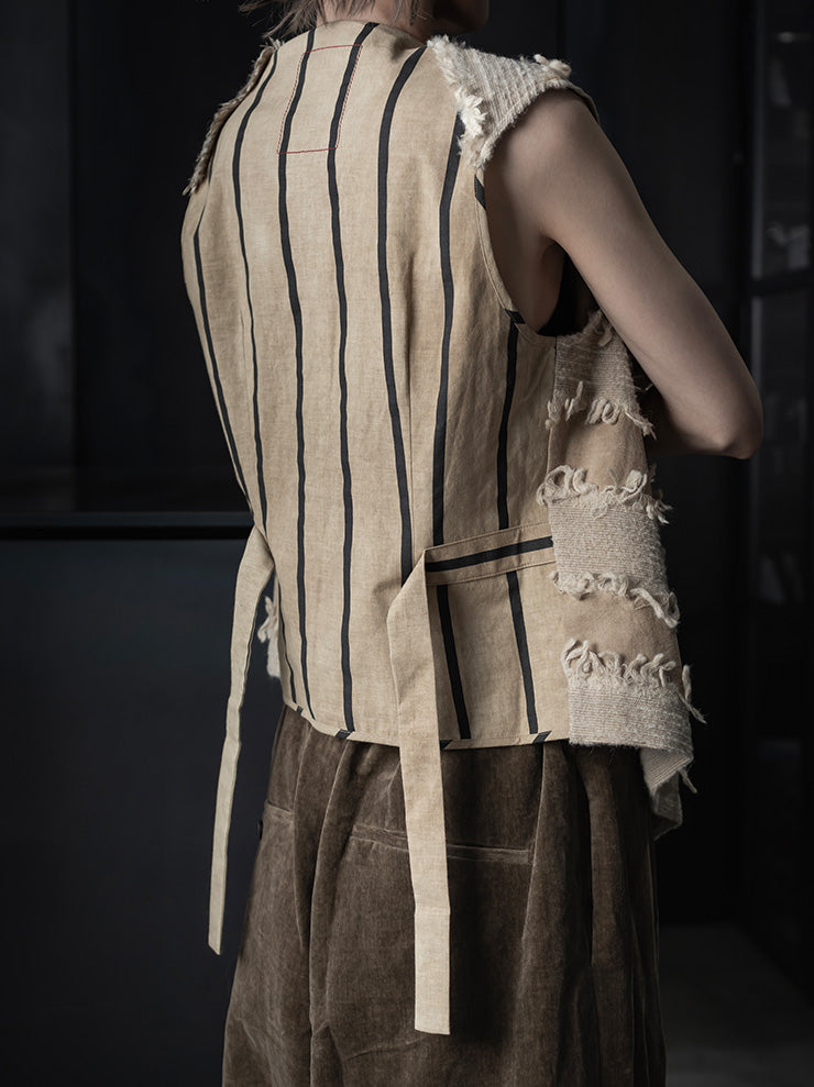 UMA WANG<br> WOMENS FRINGE DRAPE TOPS / TAN×BLACK