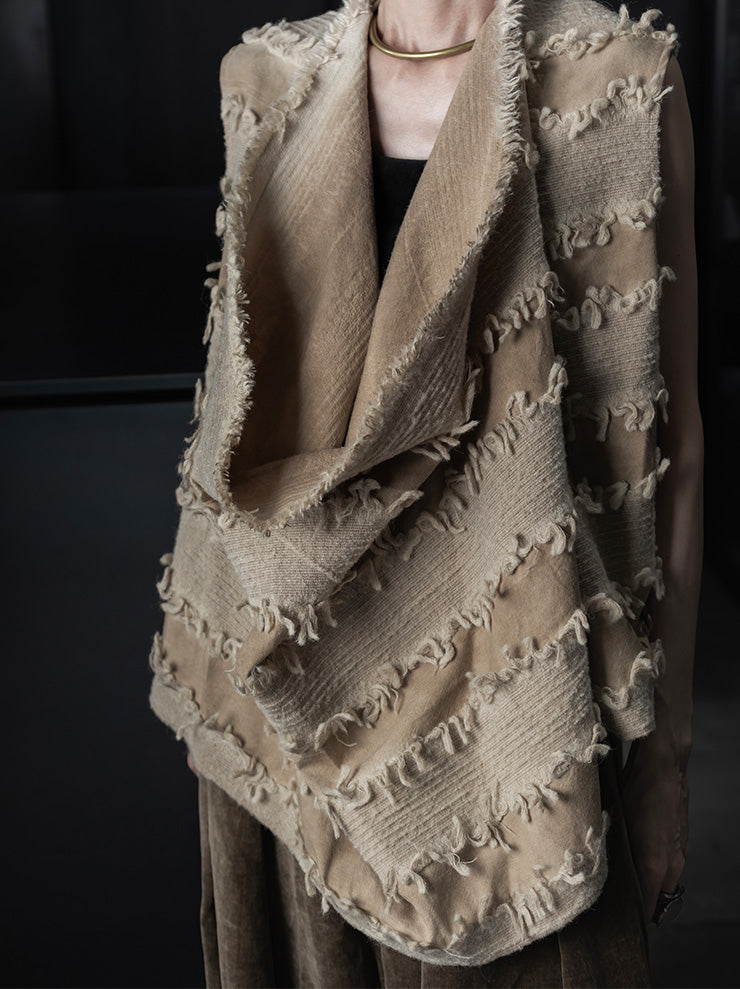 UMA WANG<br> WOMENS FRINGE DRAPE TOPS / TAN×BLACK
