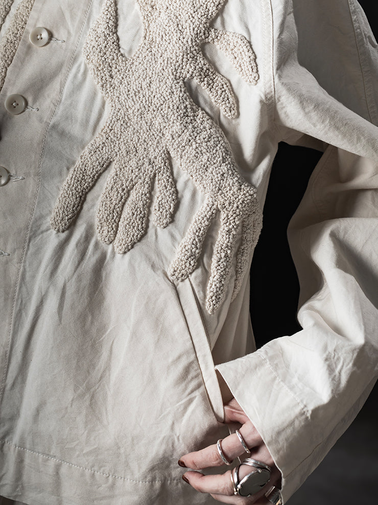 KINYAN LAM<br>Unisex Hand Embroidery Raglan Sleeve Jacket / Raw White