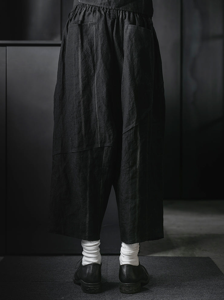 CHIAHUNG SU<br>HAND WOVEN STRIPE LOW CROTCH PATCHED WIDE TROUSER / BLACK STRIPE
