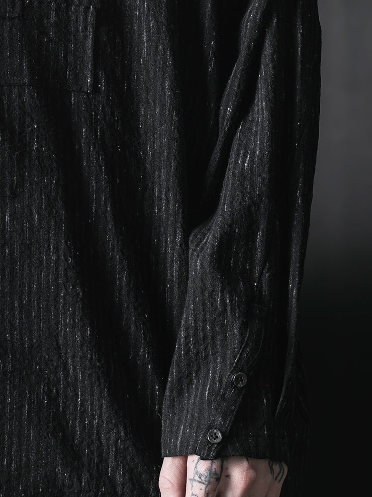 CHIAHUNG SU<br>RELAXED-FIT HAND WOVEN & DYED FLORAL PATCHED SHIRT / BLACK STRIPE