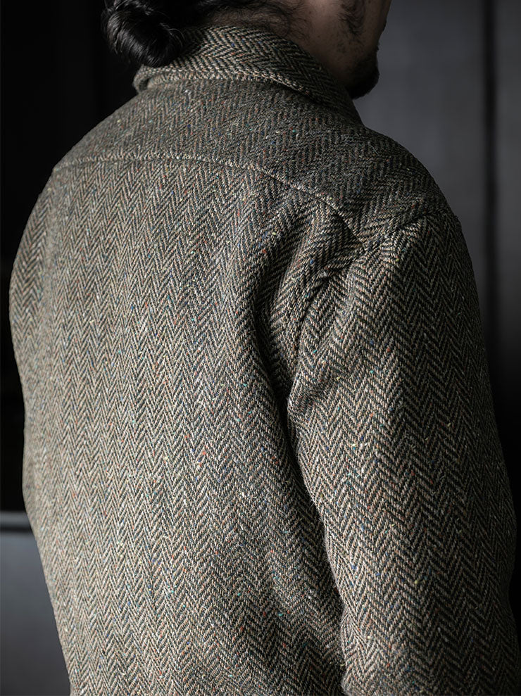 MONAD<br> Grogan Oversized work shirt / Green × Black Herringbone w/multicoloured Nep