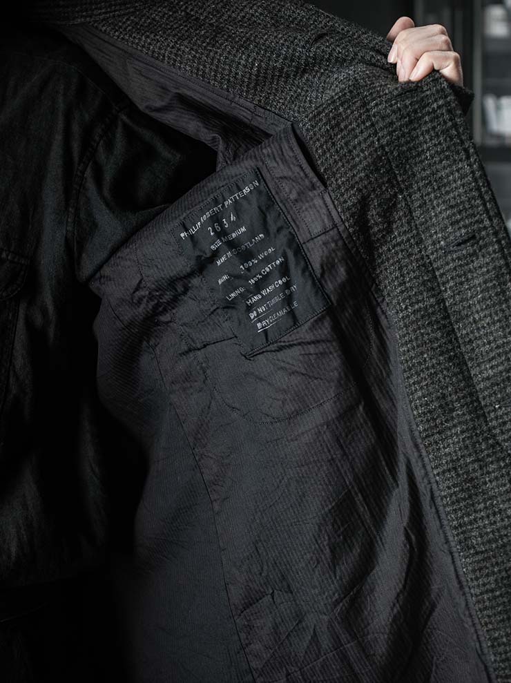 P.R.PATTERSON<br>SPIRAL SLEEVE  SHETLAND TWEED MAC COAT / BLK GRN GRY