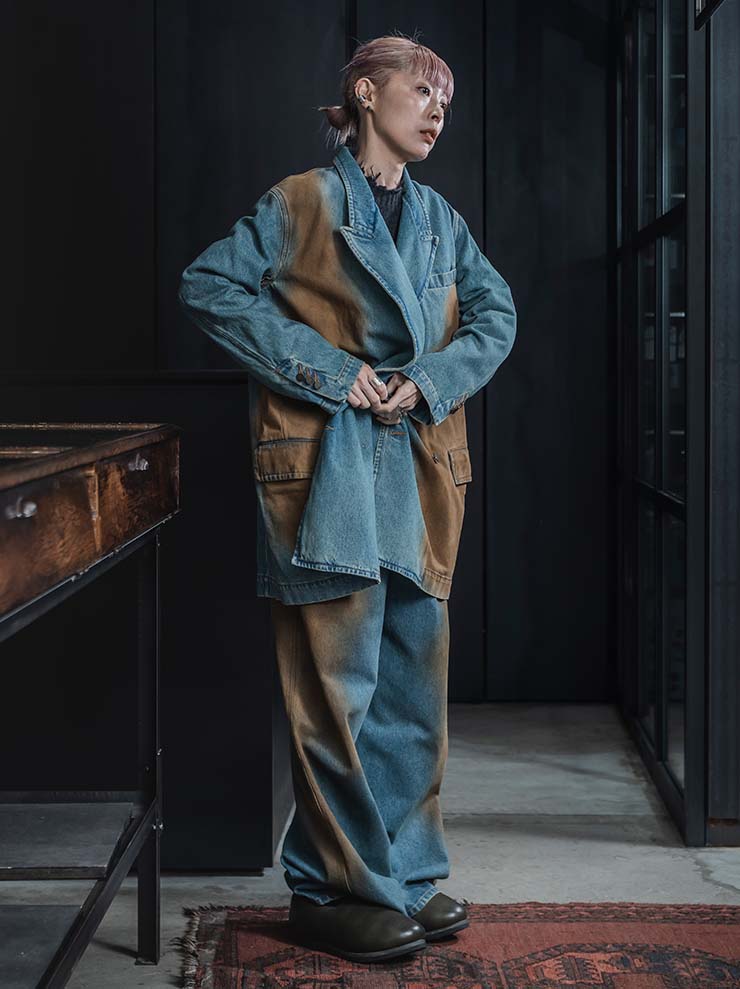 UMA WANG<br> WOMENS Denim oversized double jacket / BLUE×BROWN