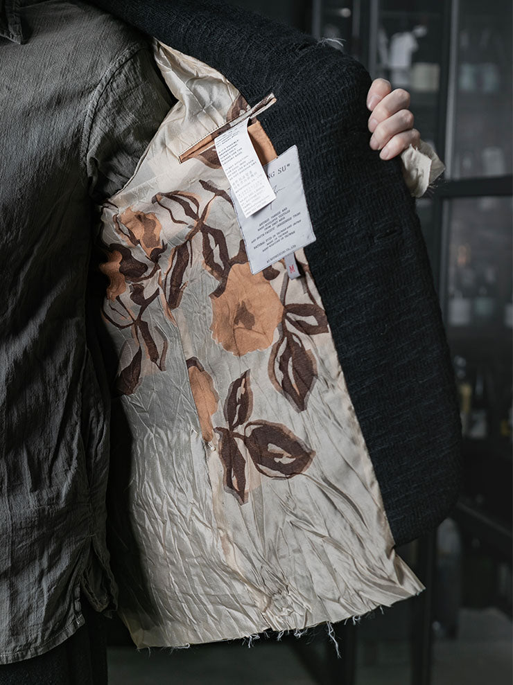 CHIAHUNG SU<br>MENS HAND WOVEN & DYED PATCHED KNITTING PLEATED BLAZER / BLACK