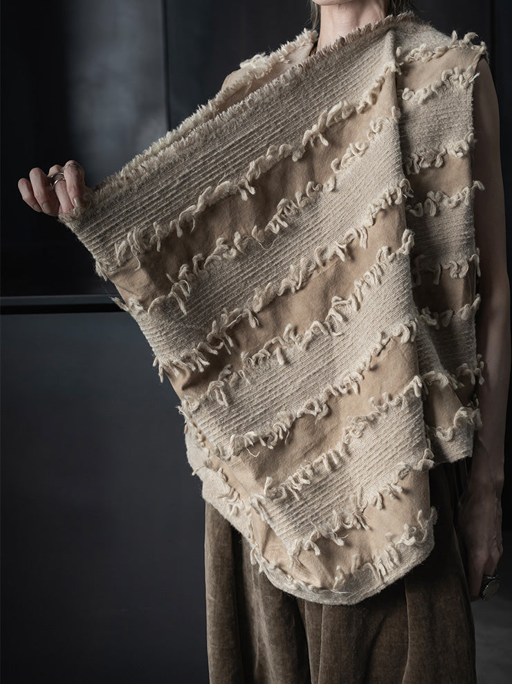 UMA WANG<br> WOMENS FRINGE DRAPE TOPS / TAN×BLACK