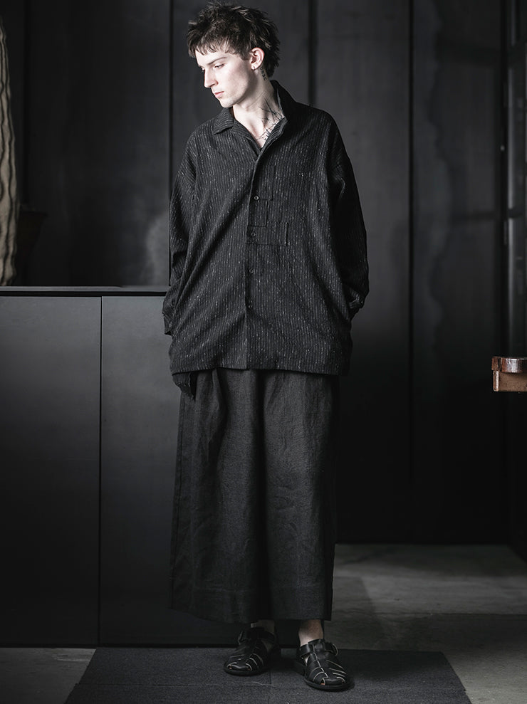 CHIAHUNG SU<br>RELAXED-FIT HAND WOVEN & DYED FLORAL PATCHED SHIRT / BLACK STRIPE