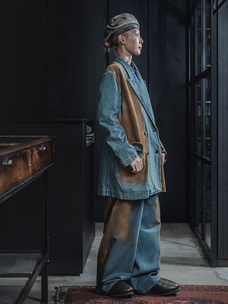 UMA WANG<br> WOMENS Denim oversized double jacket / BLUE×BROWN