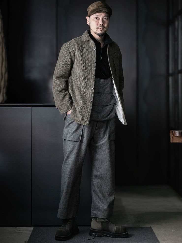 MONAD<br> Grogan Oversized work shirt / Green × Black Herringbone w/multicoloured Nep