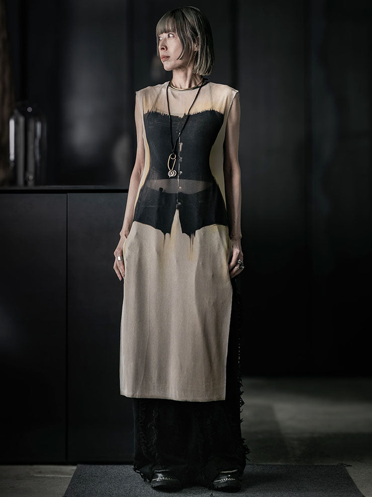 IA LONDON<br> WOMENS SHEER SLEEVELESS MIDI DRESS W. SIDE SPLITS / BLACK CORSET PRINT