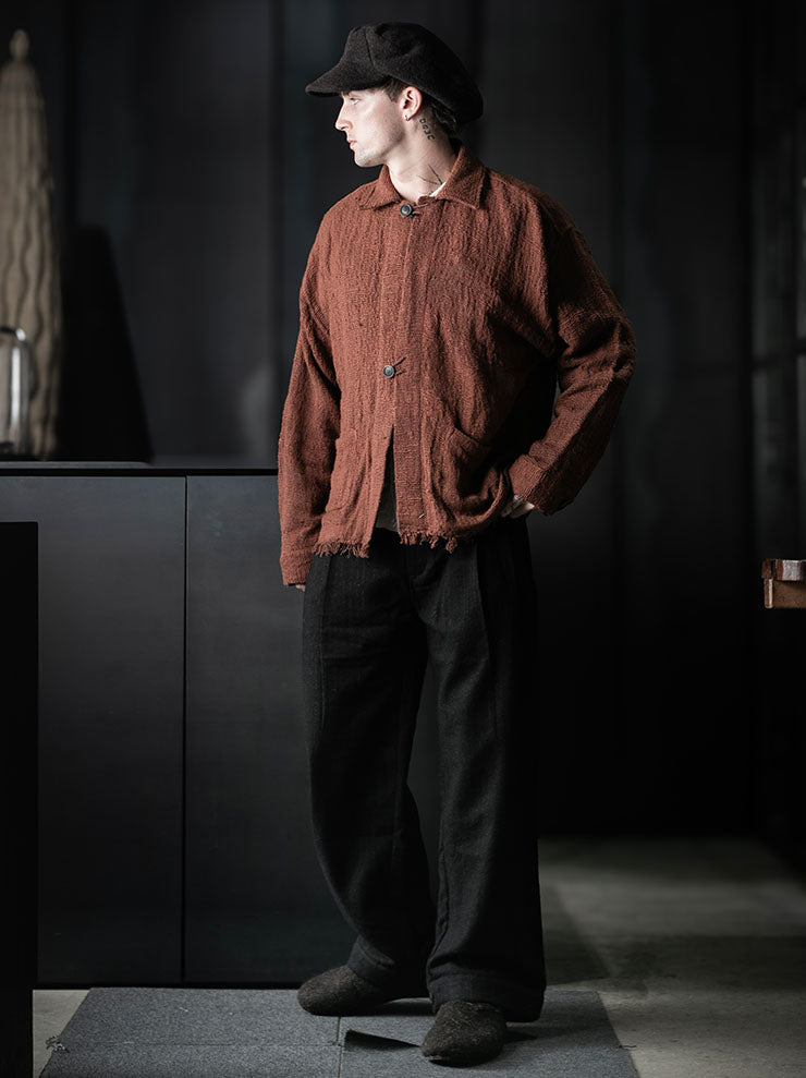 toward(s)<br />CARDIGAN IN MUD DYE TEXTURED COTTON / BRICK