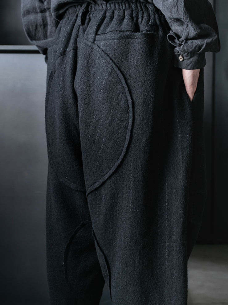 CHIAHUNG SU<br>MENS HAND WOVEN LOW CROTCH THICK WOOL TROUSER / BLACK STRIPE