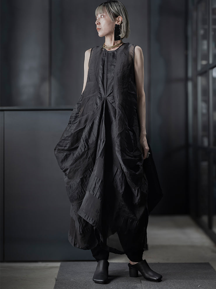UMA WANG<br> WOMENS STRIPED ORGANDY DRESS / BLACK