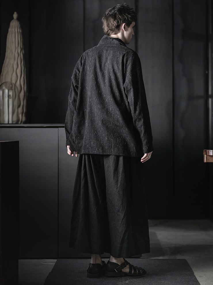 CHIAHUNG SU<br>RELAXED-FIT HAND WOVEN & DYED FLORAL PATCHED SHIRT / BLACK STRIPE