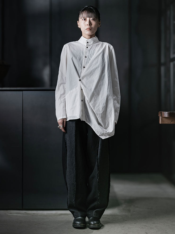 CHIAHUNG SU<br>WOMENS WRINKLE MANDARIN COLLAR SHIRT / WHITE