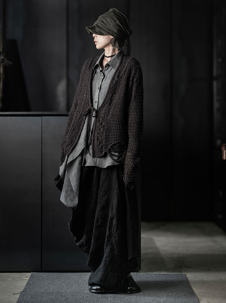 CHIAHUNG SU<br>STICK KNITTED RAWING CARDIGAN / DARK BROWN