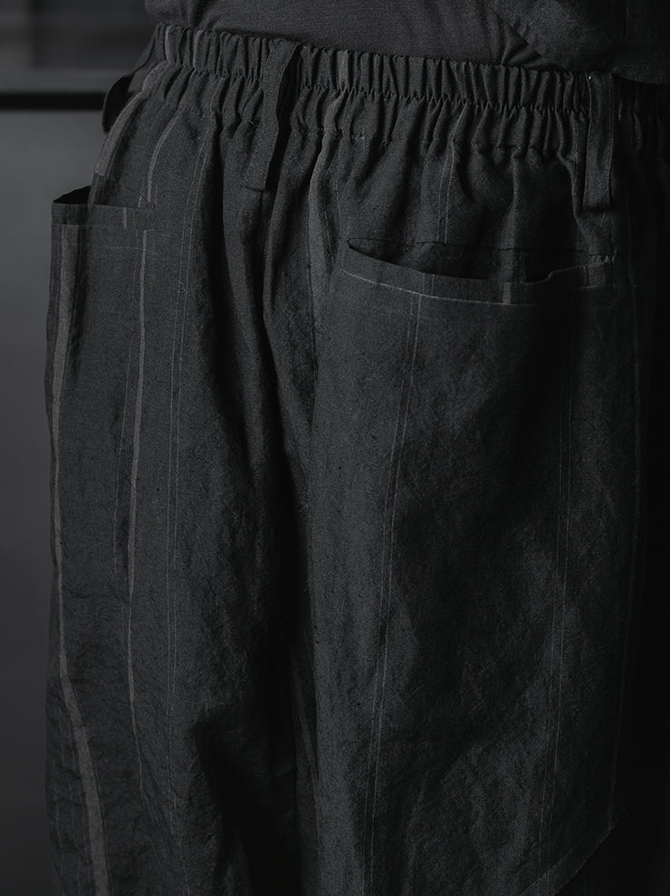 CHIAHUNG SU<br>HAND WOVEN STRIPE LOW CROTCH PATCHED WIDE TROUSER / BLACK STRIPE