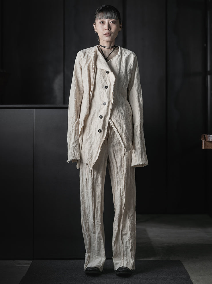 CHIAHUNG SU<br>HAND-DYED & WOVEN LAYERING RAW EDGE BLAZER / ECRU