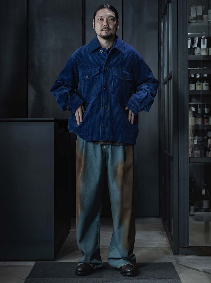 UMA WANG<br> MENS DENIM TACK WIDE TROUSERS / BLUE×BROWN