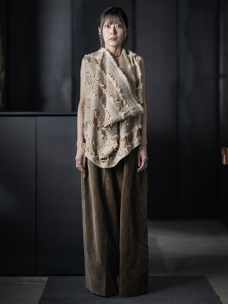 UMA WANG<br> WOMENS FRINGE DRAPE TOPS / TAN×BLACK