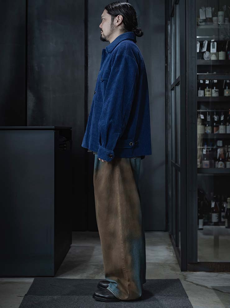 UMA WANG<br> MENS DENIM TACK WIDE TROUSERS / BLUE×BROWN