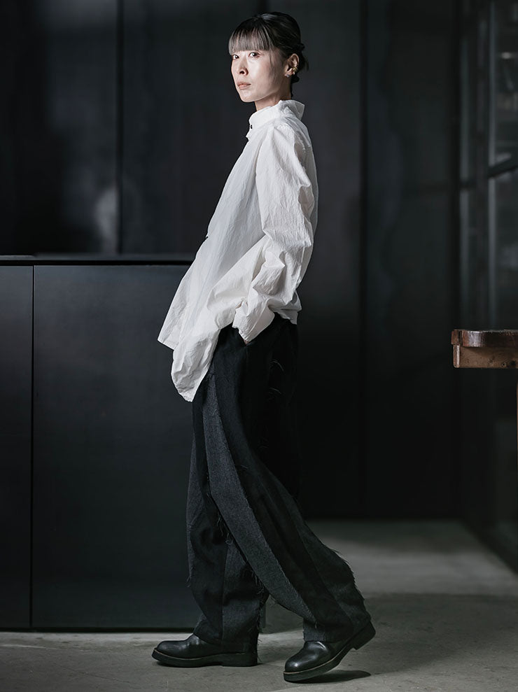 CHIAHUNG SU<br>WOMENS WRINKLE MANDARIN COLLAR SHIRT / WHITE