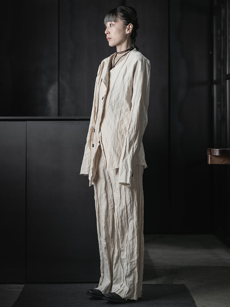 CHIAHUNG SU<br>HAND-DYED & WOVEN LAYERING RAW EDGE BLAZER / ECRU