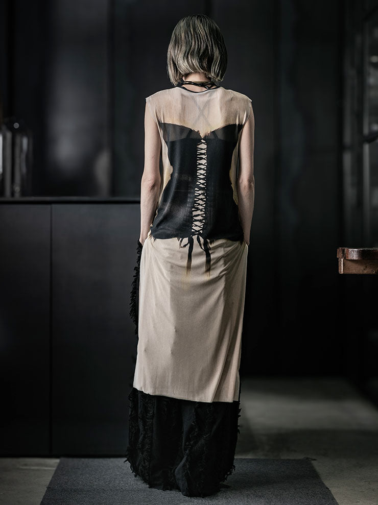 IA LONDON<br> WOMENS SHEER SLEEVELESS MIDI DRESS W. SIDE SPLITS / BLACK CORSET PRINT