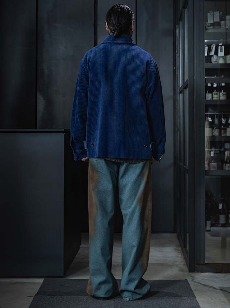 UMA WANG<br> MENS DENIM TACK WIDE TROUSERS / BLUE×BROWN